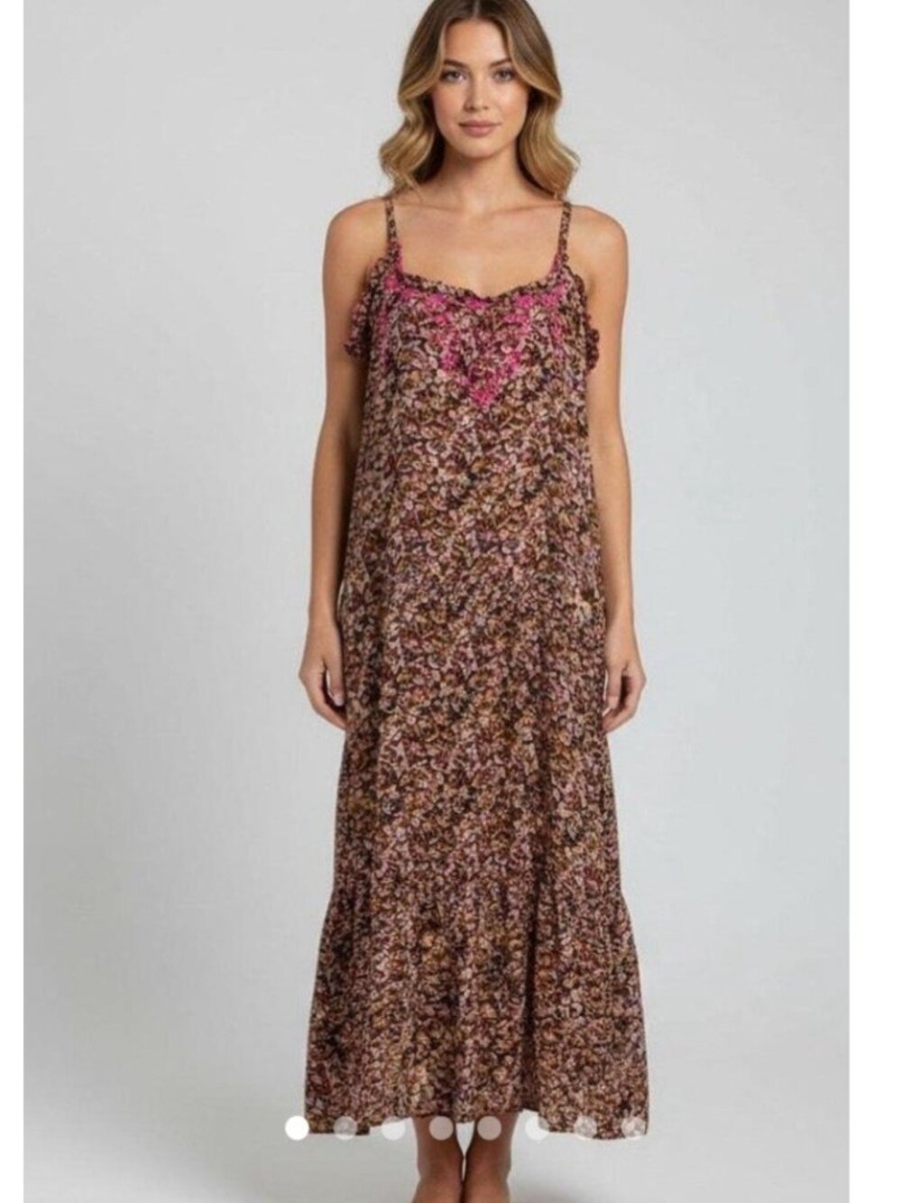 natural life floral dark ruffle midi dress with embroiery  XS S Boho Sleeveless